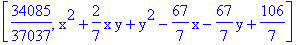 [34085/37037, x^2+2/7*x*y+y^2-67/7*x-67/7*y+106/7]